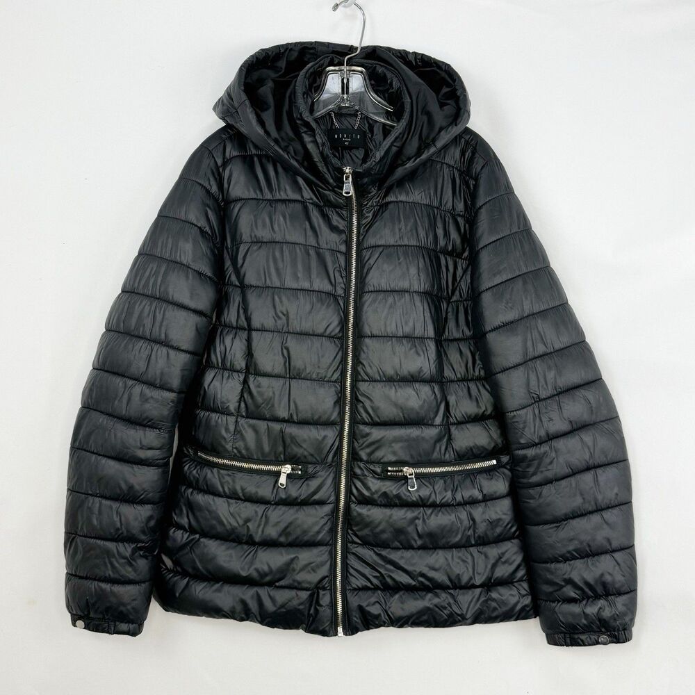 Mohito Black Puffer Jacket Size 42 Medium Hooded Zip Quilted Coat